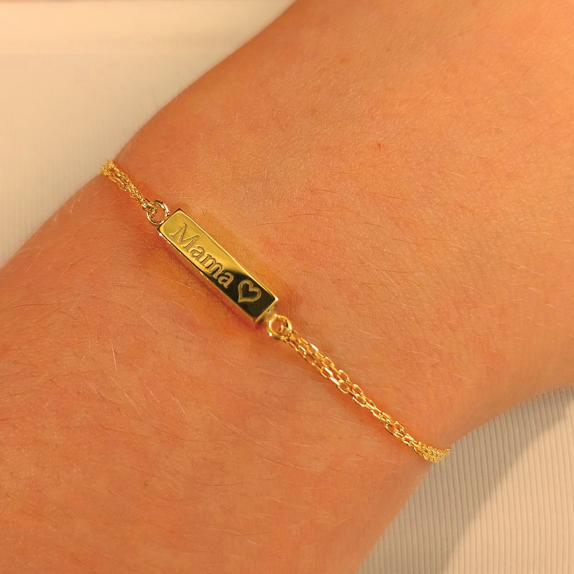 14K Real Gold Name Bracelet Bar Memorial Bar Bracelet 925 Etsy