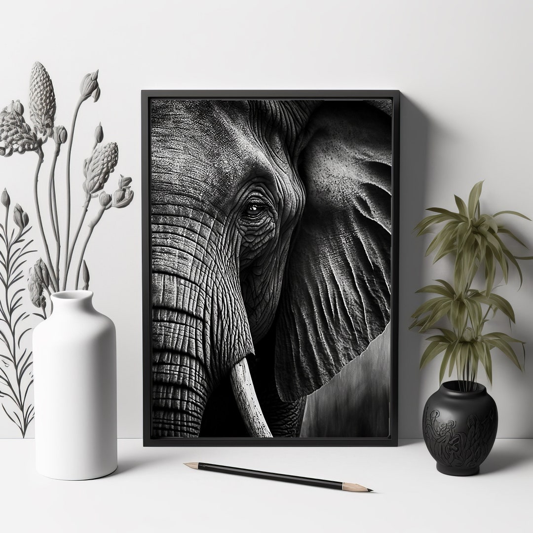 Black and White Elephant Art Downloadable and Printable - Etsy