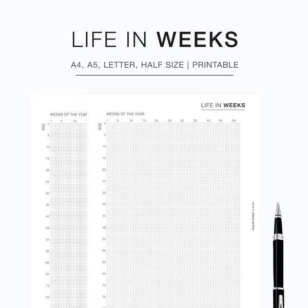 Minimal Life In Weeks Printable, Life In Weeks Template, Productivity Planner, 90 years in weeks , Letter/A4 Size Printable