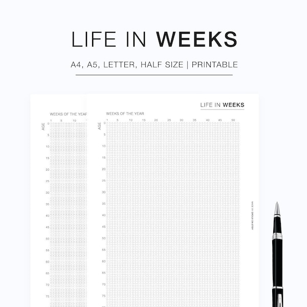 Minimal Life In Weeks Printable, Life In Weeks Template, Productivity Planner, 90 years in weeks , Letter/A4 Size Printable