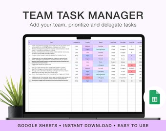 Team Task Tracker for Google Spreadsheet - Task Management Template, Task Planner Google Sheets, Task Manager, Digital To Do List for Teams