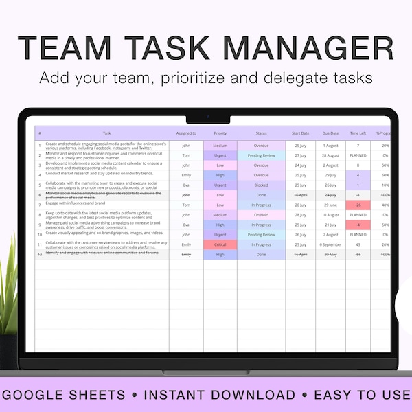 Team Task Tracker for Google Spreadsheet - Task Management Template, Task Planner Google Sheets, Task Manager, Digital To Do List for Teams