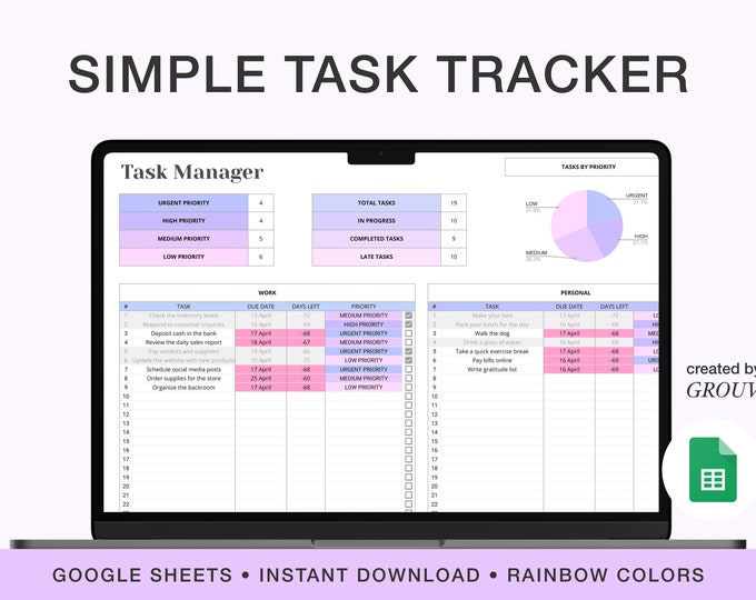 Task Tracking Spreadsheet | Task Planner | Digital to Do List | Google ...