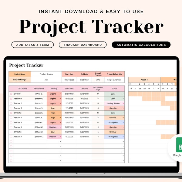 Project Tracker für Google Spreadsheet - Projektmanager Google Sheet, Lebenslaufvorlage Projektmanager, Aufgabenmanager, Digital To Do List