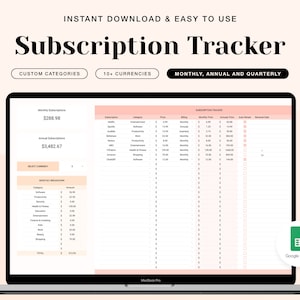 May include: A laptop computer screen displaying a Google Sheets spreadsheet with a subscription tracker. The spreadsheet has columns for subscription name, category, price, billing frequency, monthly price, annual price, auto-renew, and renewal date. The spreadsheet is titled "Subscription Tracker".