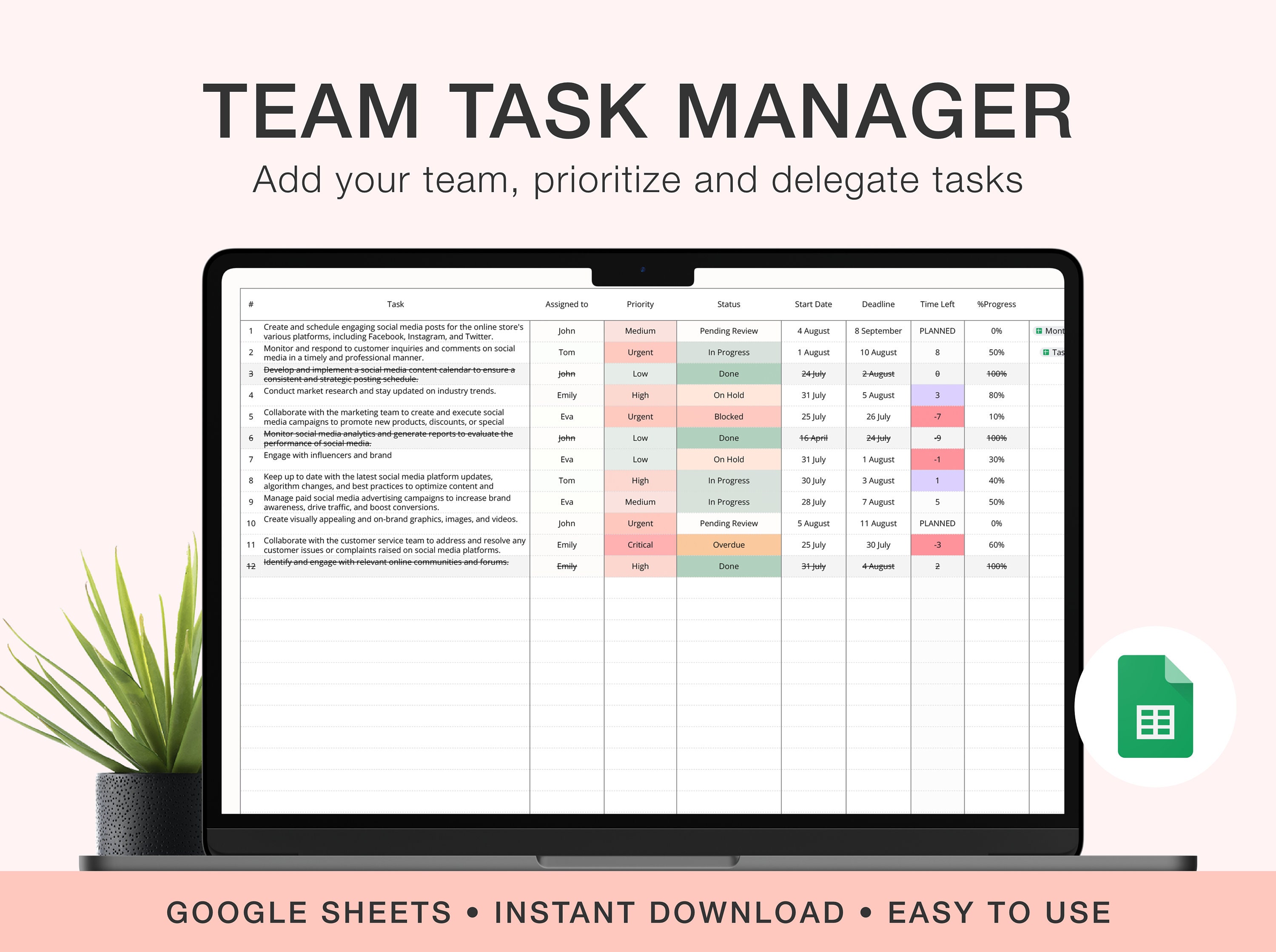 Digital to Do List for Teams on Google Spreadsheet, Daily Project ...