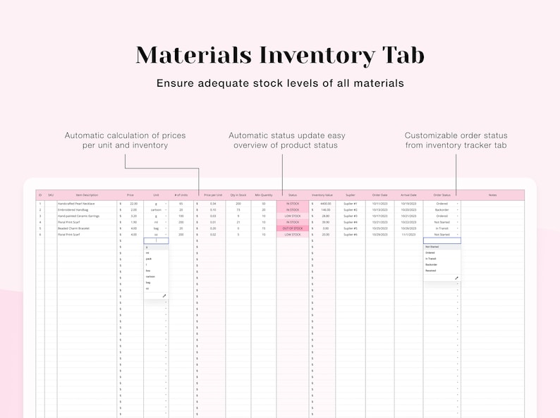 K&ouml;nnte beinhalten: Eine Tabellenkalkulation mit rosa Hintergrund und wei&szlig;em Text. Die Tabellenkalkulation tr&auml;gt den Titel "Materials Inventory Tab" und hat Spalten f&uuml;r Artikelbeschreibung, Preis, Einheit, St&uuml;ckkosten, Preis pro Einheit, verf&uuml;gbare Menge, Lagerbestand, Status, Inventarwert, Lieferant, Bestelldatum, tats&auml;chliches Datum, Bestellstatus und Notizen. Die Tabellenkalkulation dient zur Verfolgung von Lagerbest&auml;nden und Bestellstatus.