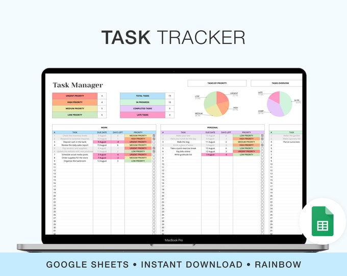 Task Tracking Spreadsheet | Task Planner | Digital to Do List | Google ...