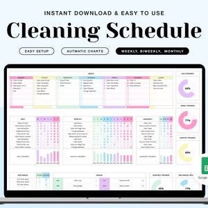 Sjabloon voor schoonmaakchecklist Google Spreadsheet, wekelijks schoonmaakdashboard, schoonmaakschema, klusschema, schoonmaakplanner voor thuis