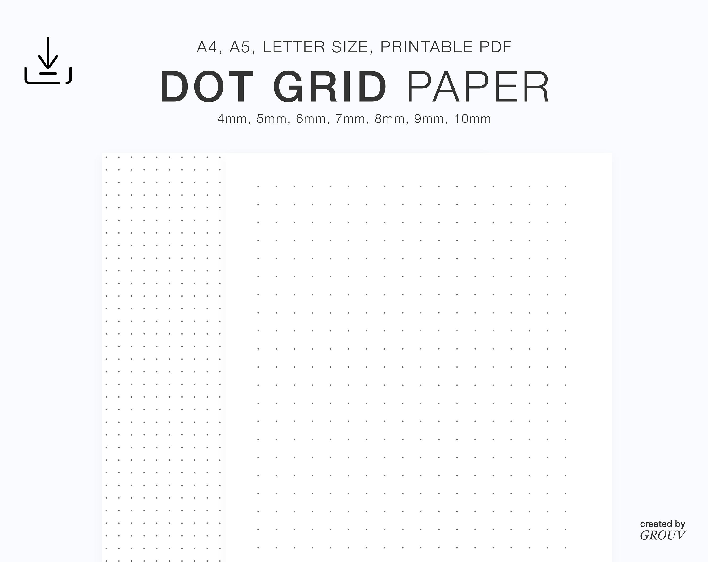 minimal dot grid printable paper, 7 größen, 4mm, 5mm, 6mm, 7mm