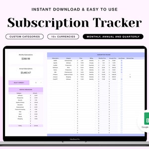 Subscription Tracker Google Sheet: Monthly Payment Log (Digital Download)