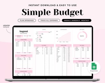 Budgetplanner voor Google Spreadsheets Maandelijkse budgettracker Onkostentracker Budget per salaris Wekelijks budget Blozend roze palet Eenvoudig budgetteren