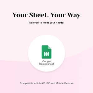 K&ouml;nnte beinhalten: Ein wei&szlig;er Kreis mit einem gr&uuml;nen Google Spreadsheet-Symbol darin. Der Text "Google Spreadsheet" befindet sich unter dem Symbol. Der Text "Your Sheet, Your Way" befindet sich oben im Bild. Der Text "Tailored to meet your needs!" befindet sich unter dem Text "Your Sheet, Your Way". Der Text "Compatible with MAC, PC and Mobile Devices" befindet sich unten im Bild.
