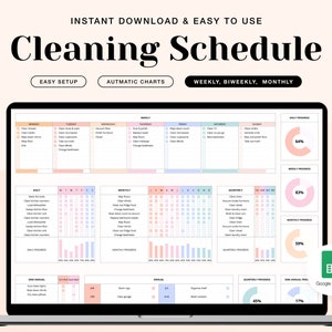 Puede incluir: Una pantalla de computadora portátil que muestra una plantilla de programación de limpieza en Google Sheets. La plantilla incluye tareas de limpieza diarias, semanales, quincenales y mensuales con barras de progreso y gráficos. El texto en la pantalla dice "Descarga instantánea y fácil de usar Programa de limpieza Configuración fácil Gráficos automáticos Semanal, Quincenal, Mensual".