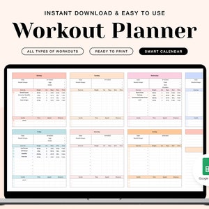Workout Planner for Google Spreadsheet, Fitness Planner Template,  Exercise Tracker, Gym Checklist, Weightlifting Training Calendar, Pilates