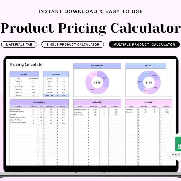 Product Pricing Calculator Google Spreadsheet, Recipe Cost Calculator Google Sheet, Product Pricing Template, Product Cost Calculator