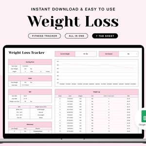 Weight Loss & Fitness Tracker Google Sheets, Habit Tracker, Calorie Tracker Template, Digital Workout Planner, Meal Planner Spreadsheet