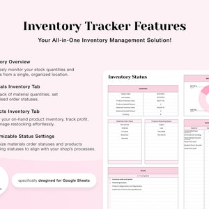 K&ouml;nnte beinhalten: Eine rosa und wei&szlig;e Infografik mit dem Titel "Inventory Tracker Features" und dem Text "Your All-in-One Inventory Management Solution!" Die Infografik beschreibt die Funktionen eines Inventarverwaltungssystems f&uuml;r Google Sheets, darunter die Inventar&uuml;bersicht, das Materialinventar, das Produktinventar und anpassbare Status-Einstellungen.