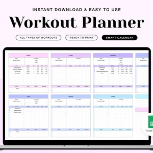 Workout Planner for Google Spreadsheet, Fitness Planner Template,  Exercise Log, Gym Checklist, Fitness Journey, Pilates, Athletic Training