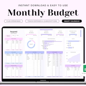 May include: A laptop screen displaying a Google Sheets spreadsheet with a monthly budget template. The spreadsheet is titled "August" and includes sections for income, expenses, savings, and a calendar. The spreadsheet is designed to help users track their finances and plan their spending.