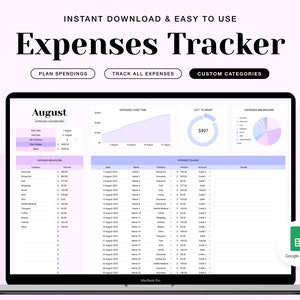 Puede incluir: Una pantalla de computadora portátil que muestra una hoja de cálculo de Google Sheets con un esquema de color morado y azul. La hoja de cálculo se titula "Agosto" y es un rastreador de gastos con secciones para gastos a lo largo del tiempo, desglose de gastos y rastreador de gastos. La hoja de cálculo también incluye un gráfico circular y un gráfico de barras.