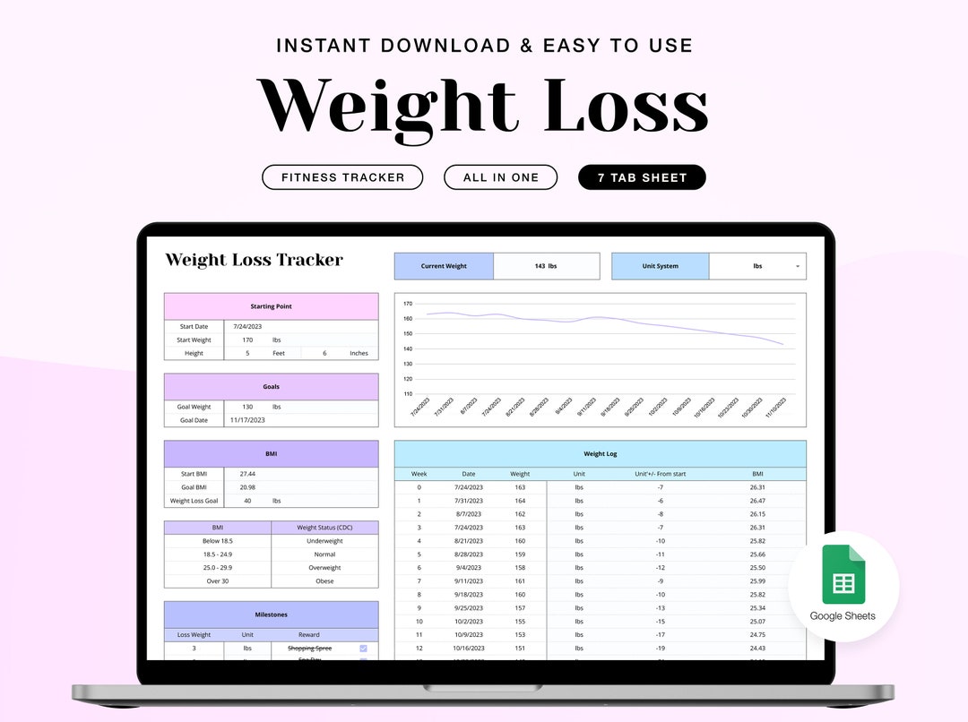 Weight Loss & Fitness Tracker Google Spreadsheet, Weight Loss Journal, Fitness Journal Template
