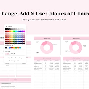 K&ouml;nnte beinhalten: Ein Screenshot eines Computerbildschirms, der eine Tabellenkalkulation mit einer Farbpalette, Kreisdiagrammen und einer Liste von Materialien und Produkten zeigt. Die Tabellenkalkulation wird verwendet, um den Lagerbestand und den Umsatz zu verfolgen. Die Farbpalette erm&ouml;glicht es Benutzern, das Erscheinungsbild der Tabellenkalkulation anzupassen.