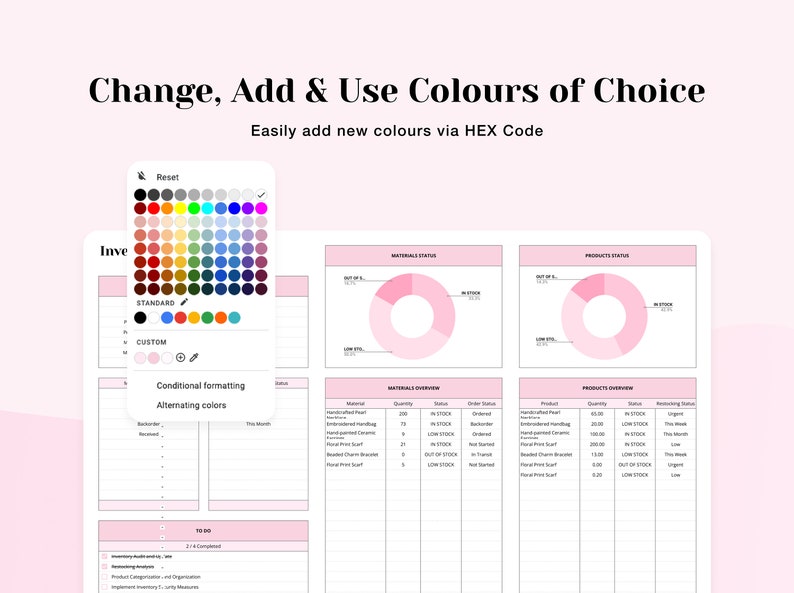 K&ouml;nnte beinhalten: Ein Screenshot eines Computerbildschirms, der eine Tabellenkalkulation mit einer Farbpalette, Kreisdiagrammen und einer Liste von Materialien und Produkten zeigt. Die Tabellenkalkulation wird verwendet, um den Lagerbestand und den Umsatz zu verfolgen. Die Farbpalette erm&ouml;glicht es Benutzern, das Erscheinungsbild der Tabellenkalkulation anzupassen.