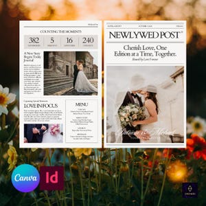 May include: A wedding-themed design featuring a newspaper layout with the headline "NEWLYWED POST". The design includes photos of a couple, text, and the names "Patricia & Michael". The design also includes the Canva and Id logos.