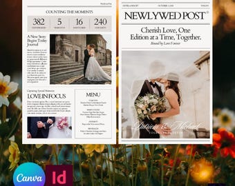 Puede incluir: Un diseño con temática de boda con un diseño de periódico titulado "NEWLYWED POST". El diseño incluye fotos de una pareja, texto y los nombres "Patricia & Michael". El diseño también incluye los logotipos de Canva e Id.