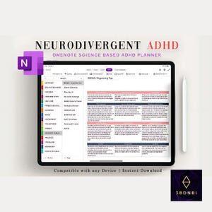 Könnte beinhalten: Ein digitaler Planer für Menschen mit ADHS, der für die Verwendung mit Microsoft OneNote entwickelt wurde. Der Planer wird auf dem Bildschirm eines Tablets mit einem lila und weißen 'N' für OneNote in der oberen linken Ecke angezeigt. Der Planer enthält eine Liste von Kategorien zur Organisation von Aufgaben, wie z. B. "Selbstpflege", "Ernährung", "Finanzen" und "Reisen". Der Planer enthält auch einen Abschnitt mit "Bonus-Organisationstipps". Der Text "NEURODIVERGENT ADHD" und "ONENOTE SCIENCE BASED ADHD PLANNER" wird oben auf dem Bildschirm angezeigt. Der Text "Kompatibel mit jedem Gerät | Sofortiger Download" wird unten auf dem Bildschirm angezeigt.
