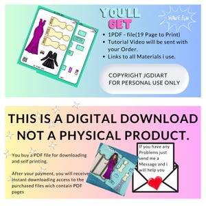 Puede incluir: Una descarga digital para un proyecto de dise&ntilde;o de moda de mu&ntilde;ecas de papel imprimibles. La imagen muestra un vestido rosa y un vestido negro con una mu&ntilde;eca y un soporte. El texto en la imagen dice "You'll Get 1 PDF - file (19 Page to Print) Tutorial Video will be sent with your Order. Links to all Materials I use. Copyright JGDIART For Personal Use Only. This is a Digital Download Not a Physical Product. You buy a PDF file for downloading and self printing. After your payment, you will receive instant downloading access to the purchased files which contain PDF pages. If you have any Problems just send me a Message and I will help you."