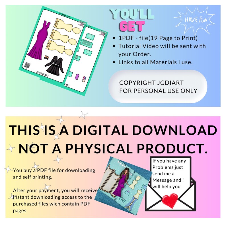 Puede incluir: Una descarga digital para un proyecto de dise&ntilde;o de moda de mu&ntilde;ecas de papel imprimibles. La imagen muestra un vestido rosa y un vestido negro con una mu&ntilde;eca y un soporte. El texto en la imagen dice "You'll Get 1 PDF - file (19 Page to Print) Tutorial Video will be sent with your Order. Links to all Materials I use. Copyright JGDIART For Personal Use Only. This is a Digital Download Not a Physical Product. You buy a PDF file for downloading and self printing. After your payment, you will receive instant downloading access to the purchased files which contain PDF pages. If you have any Problems just send me a Message and I will help you."