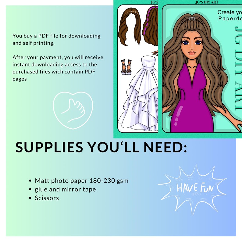 Puede incluir: Un kit de creaci&oacute;n de mu&ntilde;ecas de papel digital con una mujer de cabello largo y casta&ntilde;o que lleva un vestido morado. El kit incluye una variedad de ropa y accesorios para personalizar la mu&ntilde;eca. El texto "JG'S DIY ART" y "Create your Paperdolls" es visible en la imagen.