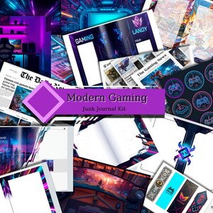 Könnte beinhalten: Eine Collage von Gaming-Themen, darunter Journalseiten, Zeitungsausschnitte und dekorative Elemente. Die Farbpalette umfasst leuchtende Blau-, Lila- und Rosatöne, mit dem Text "Modern Gaming Junk Journal Kit" prominent dargestellt.