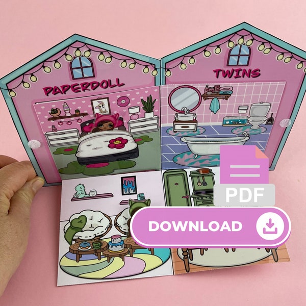 Printable pocket dollhouse for paper doll twins, digital download, DIY, activities for kids