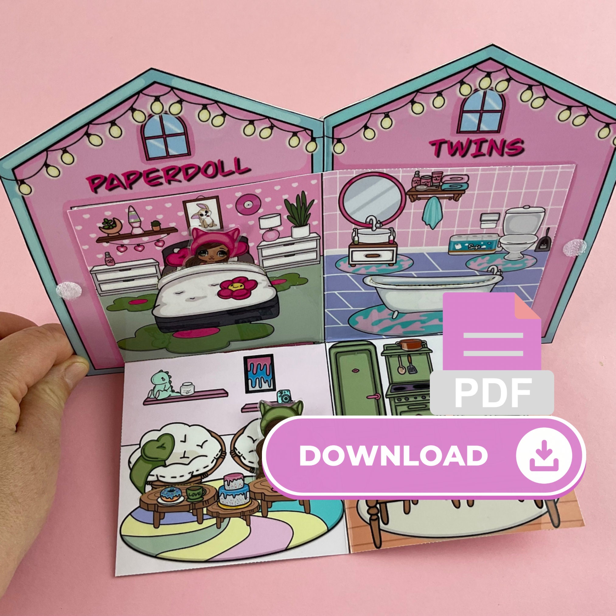 Printable Pocket Dollhouse for Paper Doll Twins, Digital Download