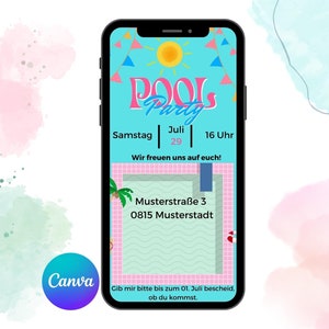 Convite digital I convite para festa na piscina I download de modelo I modelo Canva personalizado Envio digitalmente I eCard I WhatsApp