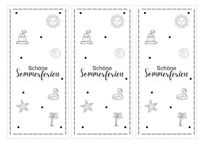 Puede incluir: Tres dise&ntilde;os rectangulares blancos con contornos negros, con ilustraciones de tem&aacute;tica veraniega. Cada dise&ntilde;o incluye un sol sonriente, un castillo de arena, una pelota de playa, una estrella de mar, un cisne y una palmera. Tambi&eacute;n est&aacute; presente el texto "Sch&ouml;ne Sommerferien".