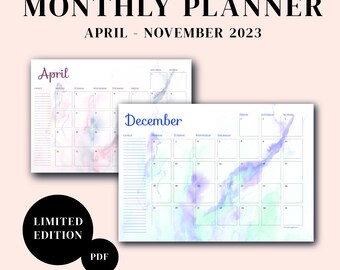 Planificador mensual imprimible / Diseño de acuarela / Calendario fechado