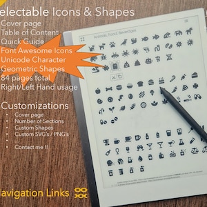 Puede incluir: Una imagen en blanco y negro de una libreta digital con un lápiz. La libreta muestra una lista de características, incluyendo "Selectable Icons & Shapes", "Font Awesome Icons", "Unicode Character", "Geometric Shapes", "84 pages total", "Right/Left Hand usage", y "Customizations". La libreta también muestra una cuadrícula de iconos que representan animales, comida y bebidas.