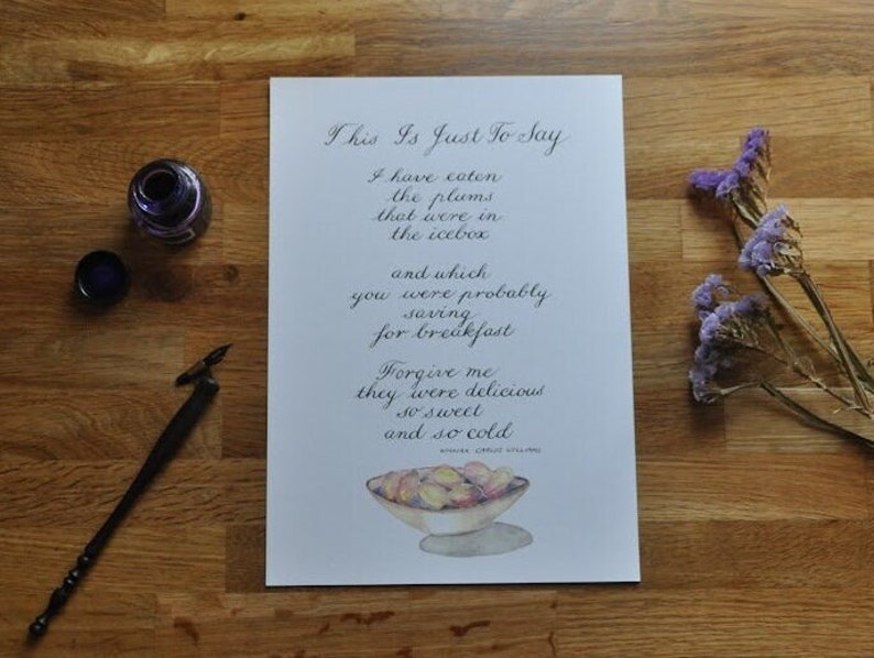 Illustrated Calligraphy Print, A4, This is Just to Say I Have Eaten the