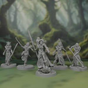 May include: Five grey plastic figurines of elves, each with a different pose and holding a weapon or staff. The elves are wearing various clothing and accessories, including a cloak, a feathered headdress, and a necklace. The figurines are set against a blurred background of green foliage.