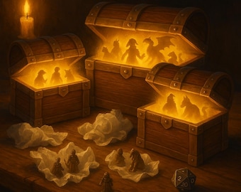 Caixa Misteriosa em Miniatura com 5, 10 ou 15 miniaturas para D&D e outros RPGs.