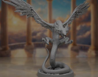 Couatl Miniature | Celestial Dragon God | Winged Snake Mini | Wyvern | Medium | Large | DnD | Pathfinder | TTRPG | 3D Printed | Resin
