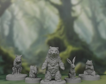 Pacote de Miniaturas de Criaturas da Floresta: Lince, Urso, Coelho, Guaxinim, Esquilo para D&D e outros RPGs