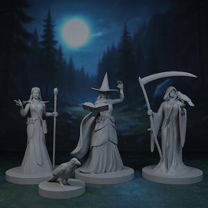 The Coven Miniature Pack | Young Witch Minis | Human Female Wizards | Sorceress Set | Raven Figure | Bundle | Tabletop | RPG | 3D Printed