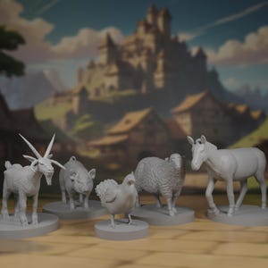 Pack de miniaturas de animales de granja: Cabra, cerdo, gallina, oveja, mula para D&D y otros juegos de rol