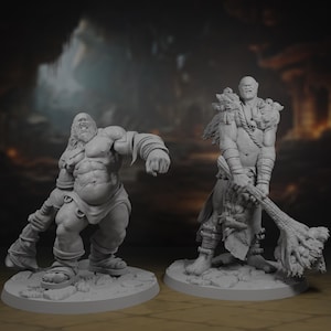 Pode incluir: Duas figuras em miniatura pintadas de cinza que representam grandes criaturas humanóides musculosas. A figura à esquerda está segurando um porrete e a figura à direita está segurando um grande galho nodoso.