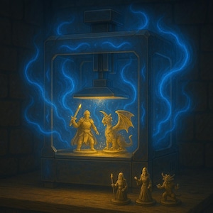 May include: A miniature figure of a knight with a sword, a dragon, and three other miniature figures, all in gold, are inside a blue glowing machine. The machine has a lever and a metal frame.